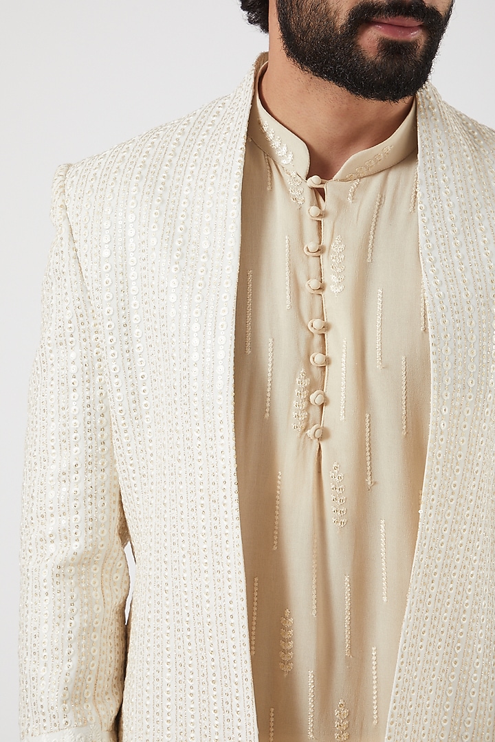Ivory Lucknowi Bandhgala Jacket Set by Soniya G Men at Pernia's Pop Up Shop