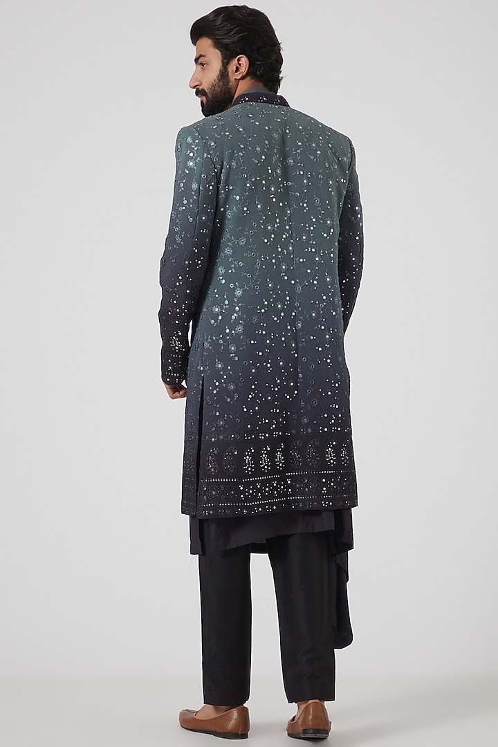 Grey Ombre Lucknowi Wedding Bandhgala Jacket Set by Soniya G Men at Pernia's Pop Up Shop