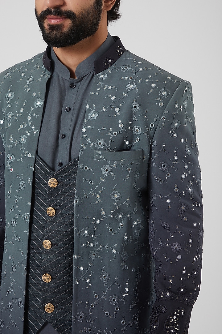 Grey Ombre Lucknowi Wedding Bandhgala Jacket Set by Soniya G Men at Pernia's Pop Up Shop