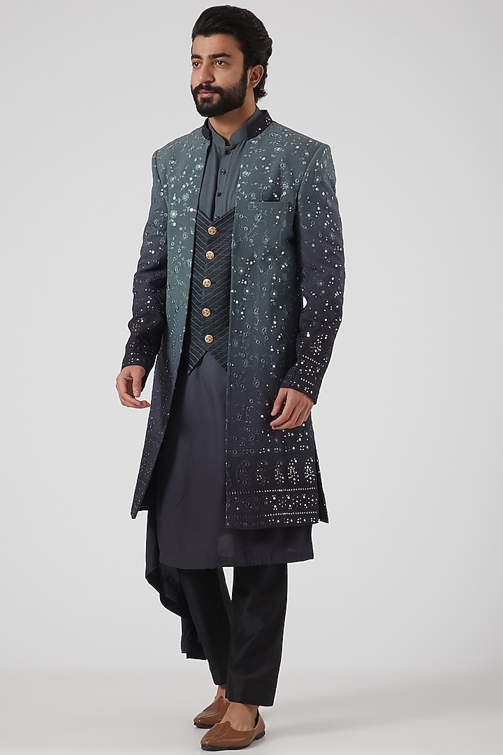 Grey Ombre Lucknowi Wedding Bandhgala Jacket Set by Soniya G Men at Pernia's Pop Up Shop