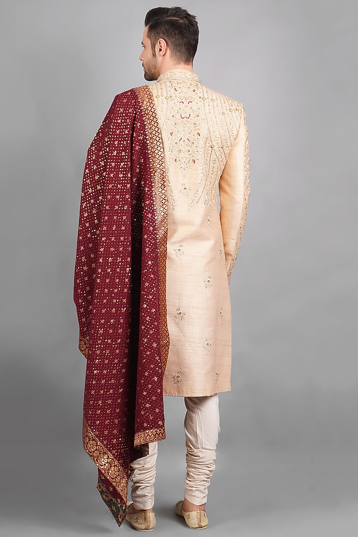 Beige Raw Silk Embroidered Groom Sherwani Set by Soniya G Men at Pernia's Pop Up Shop