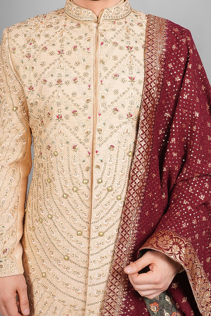 Beige Raw Silk Embroidered Groom Sherwani Set by Soniya G Men at Pernia's Pop Up Shop