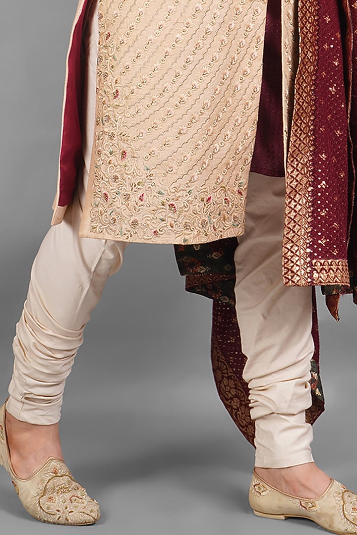 Beige Raw Silk Embroidered Groom Sherwani Set by Soniya G Men at Pernia's Pop Up Shop