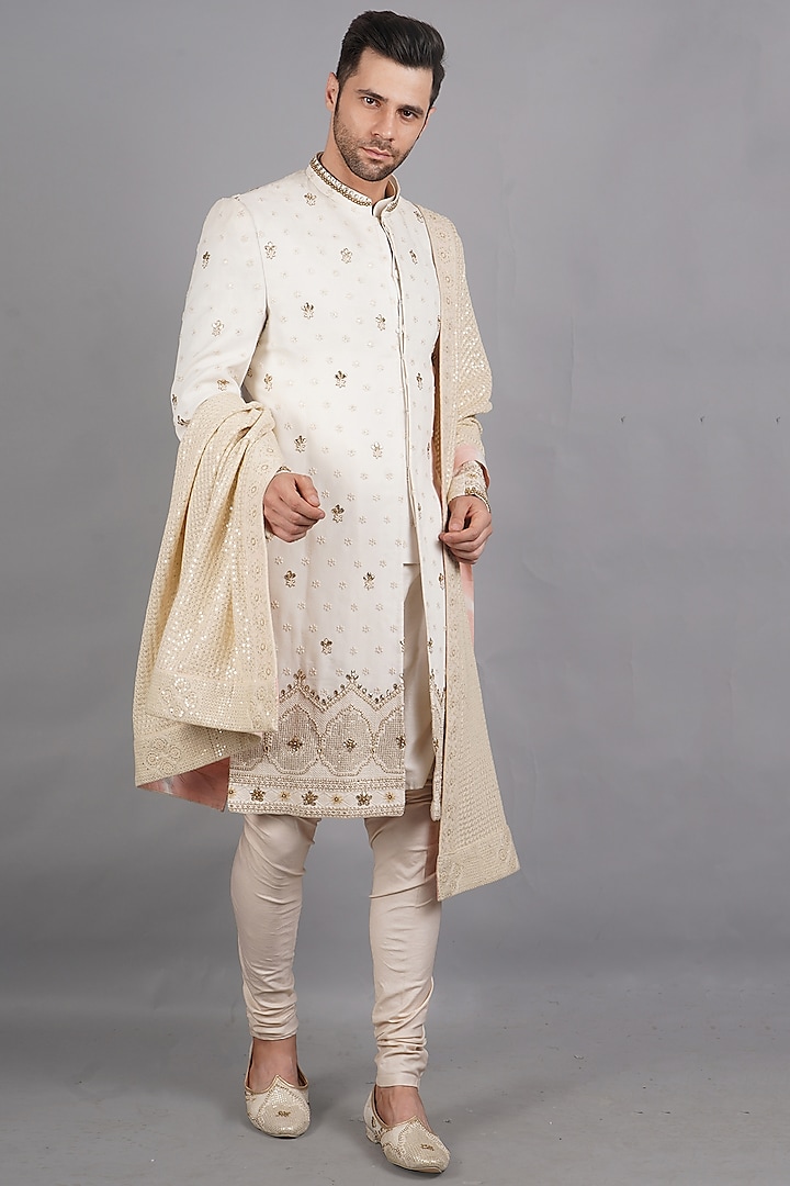 Ivory Embroidered Sherwani Set by Soniya G Men