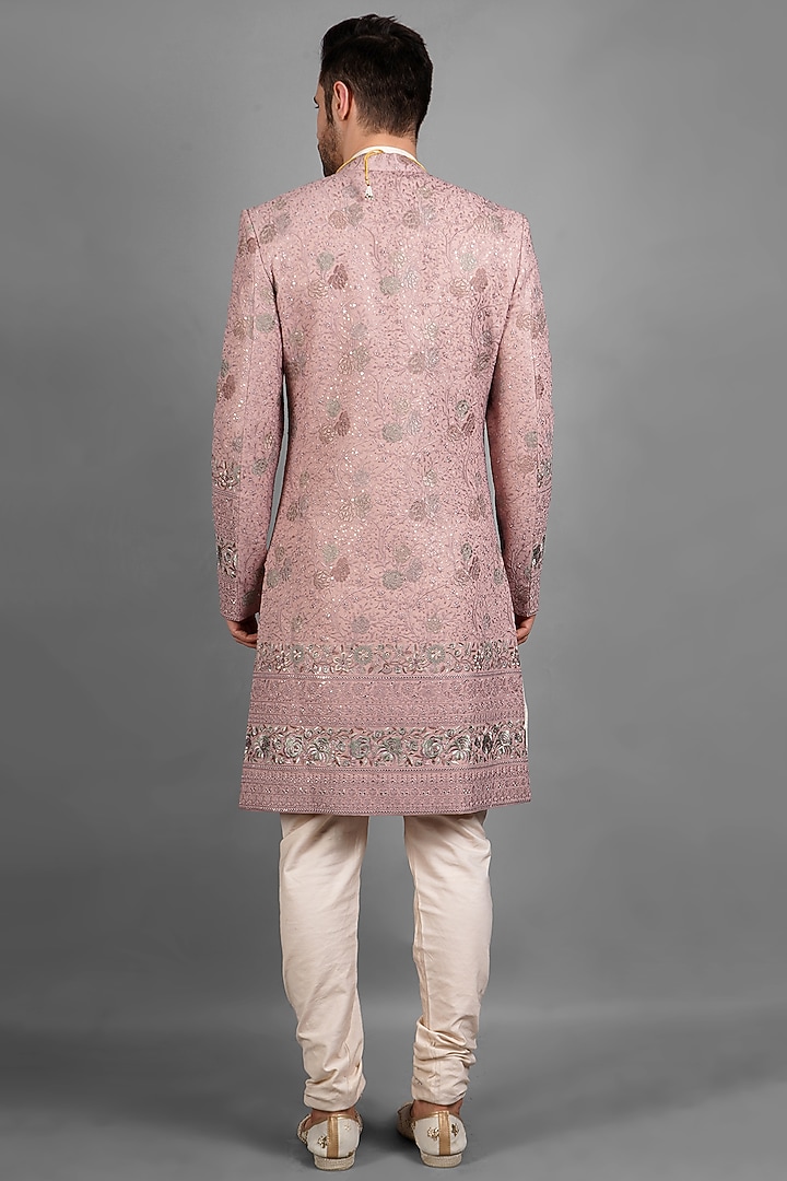 Lilac Raw Silk Mukaish Embroidered Groom Sherwani Set by Soniya G Men at Pernia's Pop Up Shop