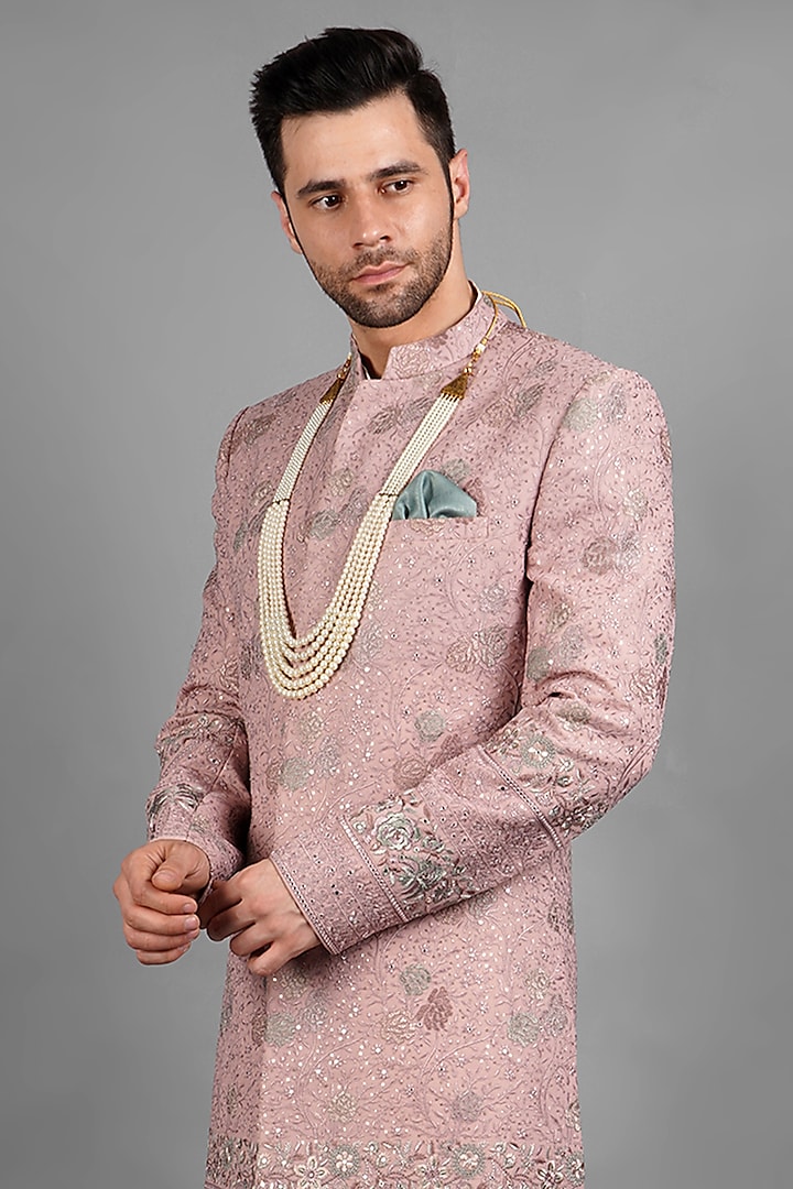 Lilac Raw Silk Mukaish Embroidered Groom Sherwani Set by Soniya G Men at Pernia's Pop Up Shop