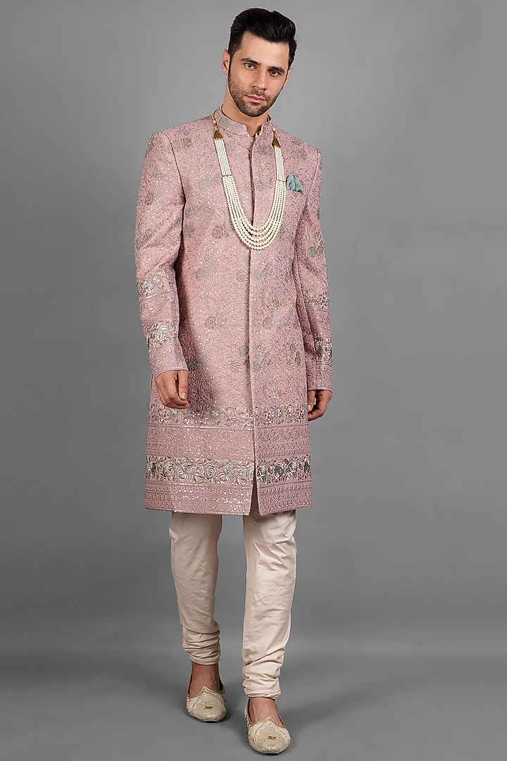 Lilac Raw Silk Mukaish Embroidered Groom Sherwani Set by Soniya G Men at Pernia's Pop Up Shop