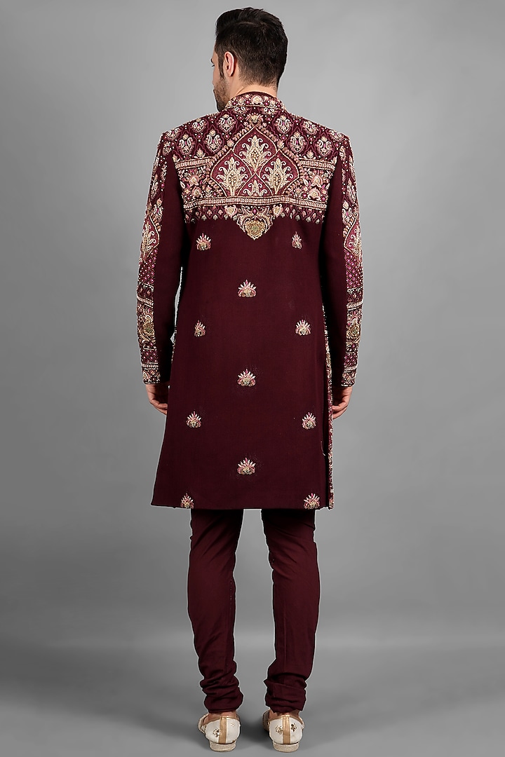 Wine Velvet Embroidered Groom Indowestern Set by Soniya G Men at Pernia's Pop Up Shop