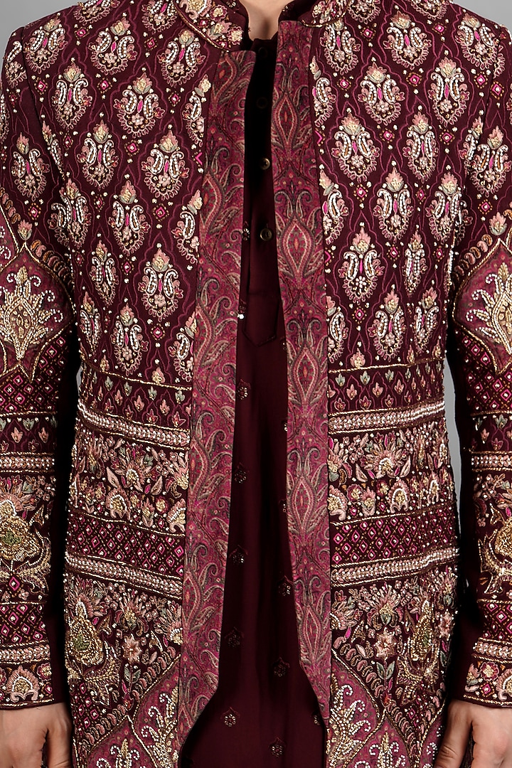 Wine Velvet Embroidered Groom Indowestern Set by Soniya G Men at Pernia's Pop Up Shop