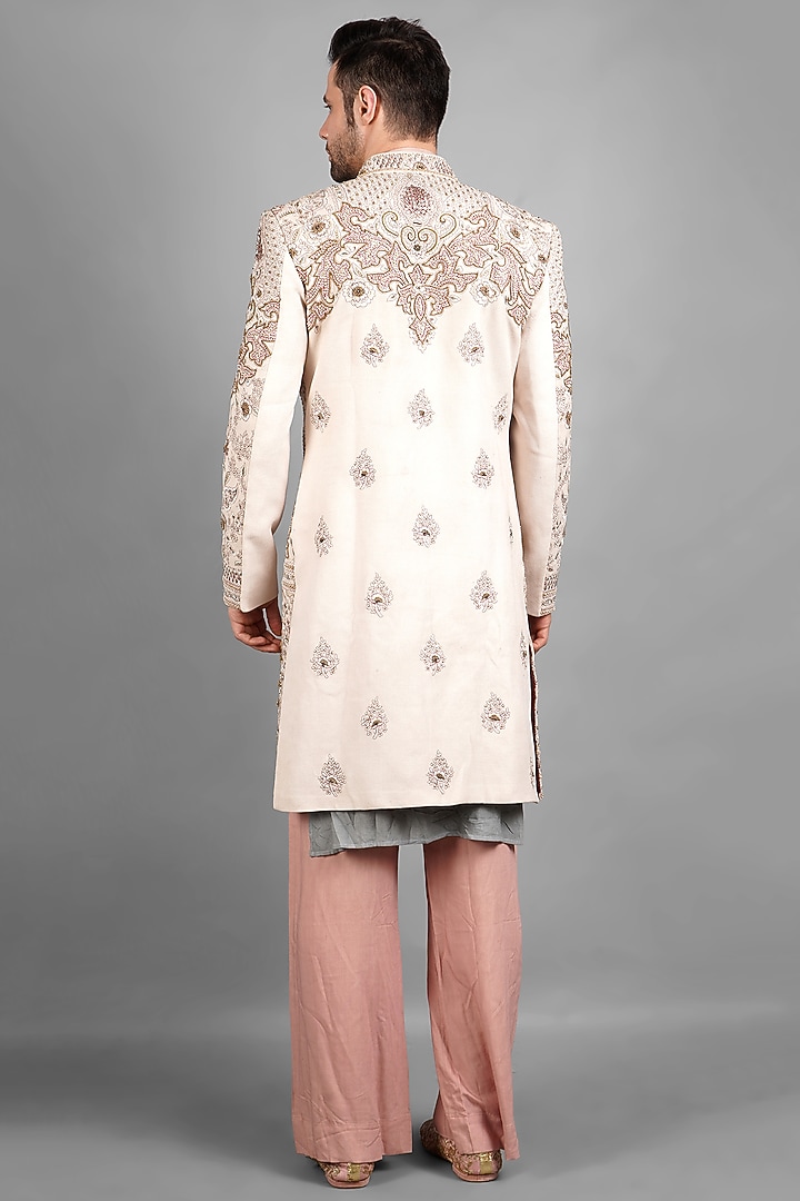Ivory Pashmina Hand Embroidered Groom Indowestern Set by Soniya G Men at Pernia's Pop Up Shop