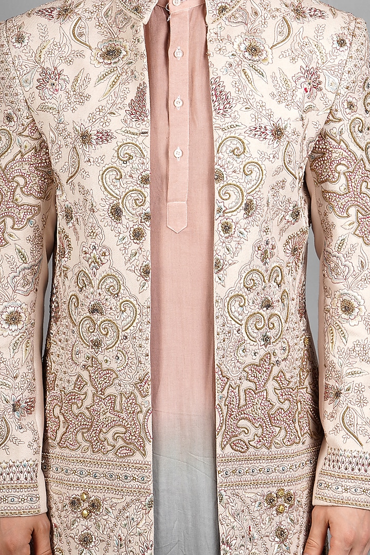 Ivory Pashmina Hand Embroidered Groom Indowestern Set by Soniya G Men at Pernia's Pop Up Shop