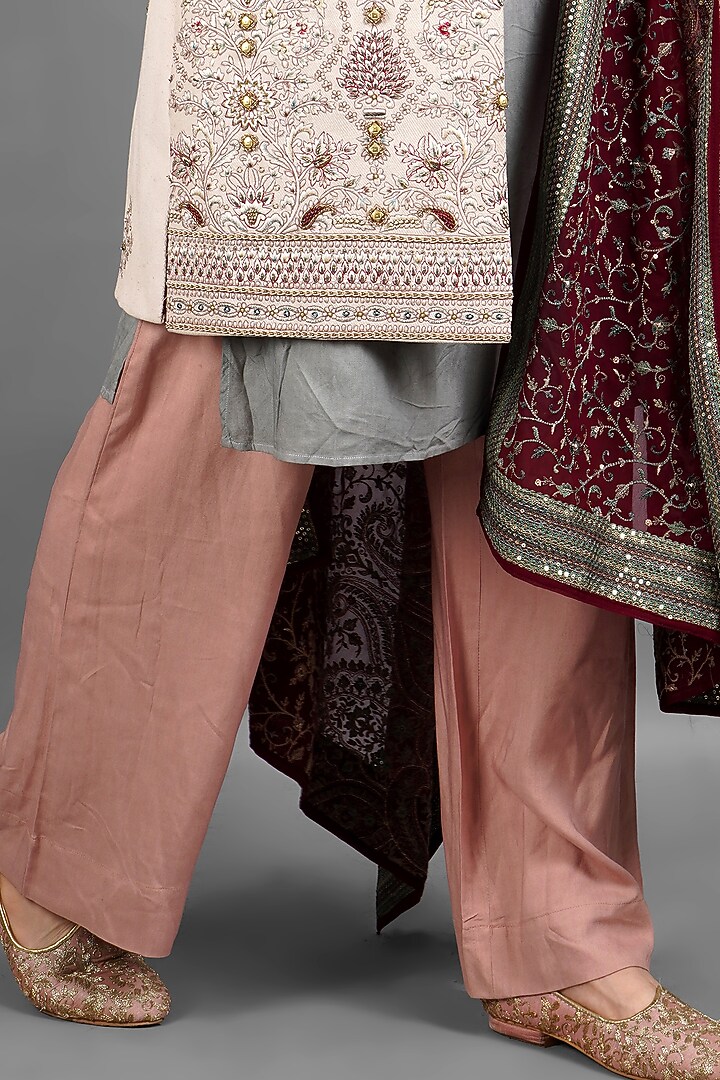 Ivory Pashmina Hand Embroidered Groom Indowestern Set by Soniya G Men at Pernia's Pop Up Shop