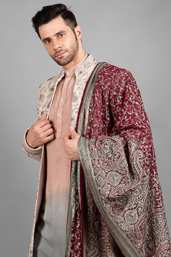Ivory Pashmina Hand Embroidered Groom Indowestern Set by Soniya G Men at Pernia's Pop Up Shop