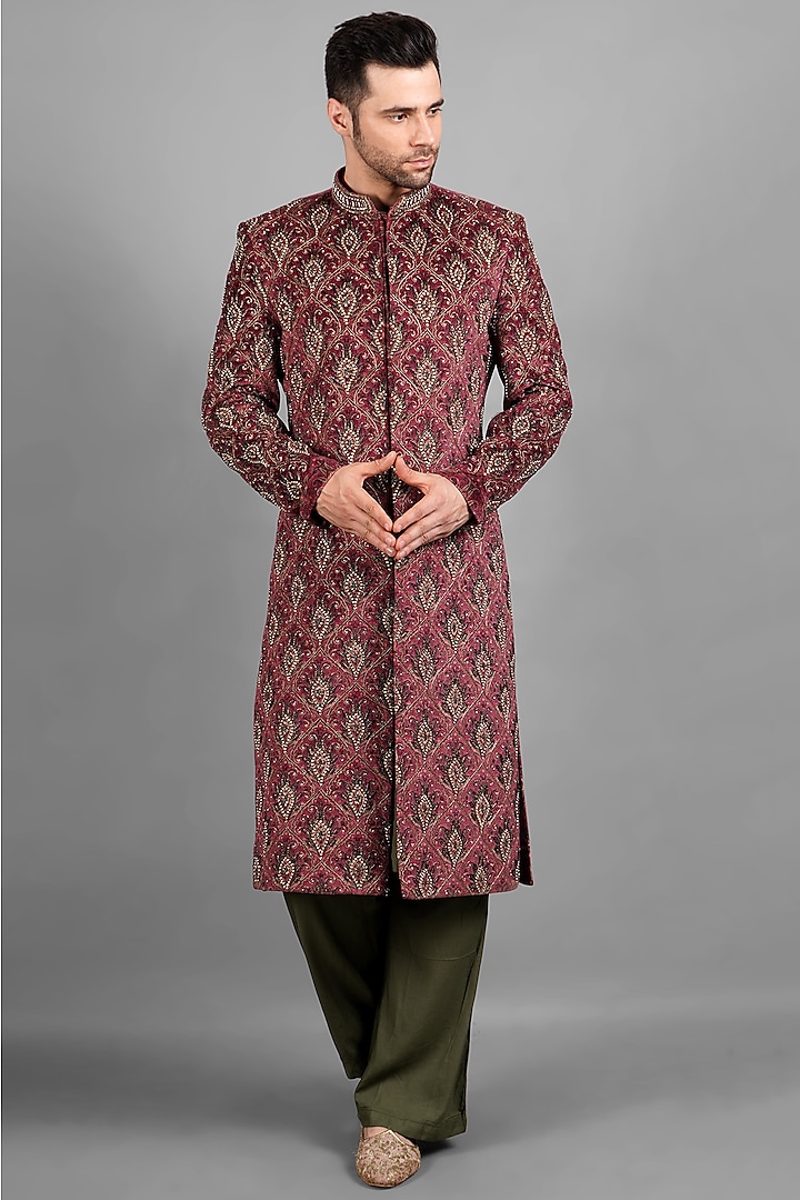 Maroon Velvet Embroidered Sherwani Set by Soniya G Men