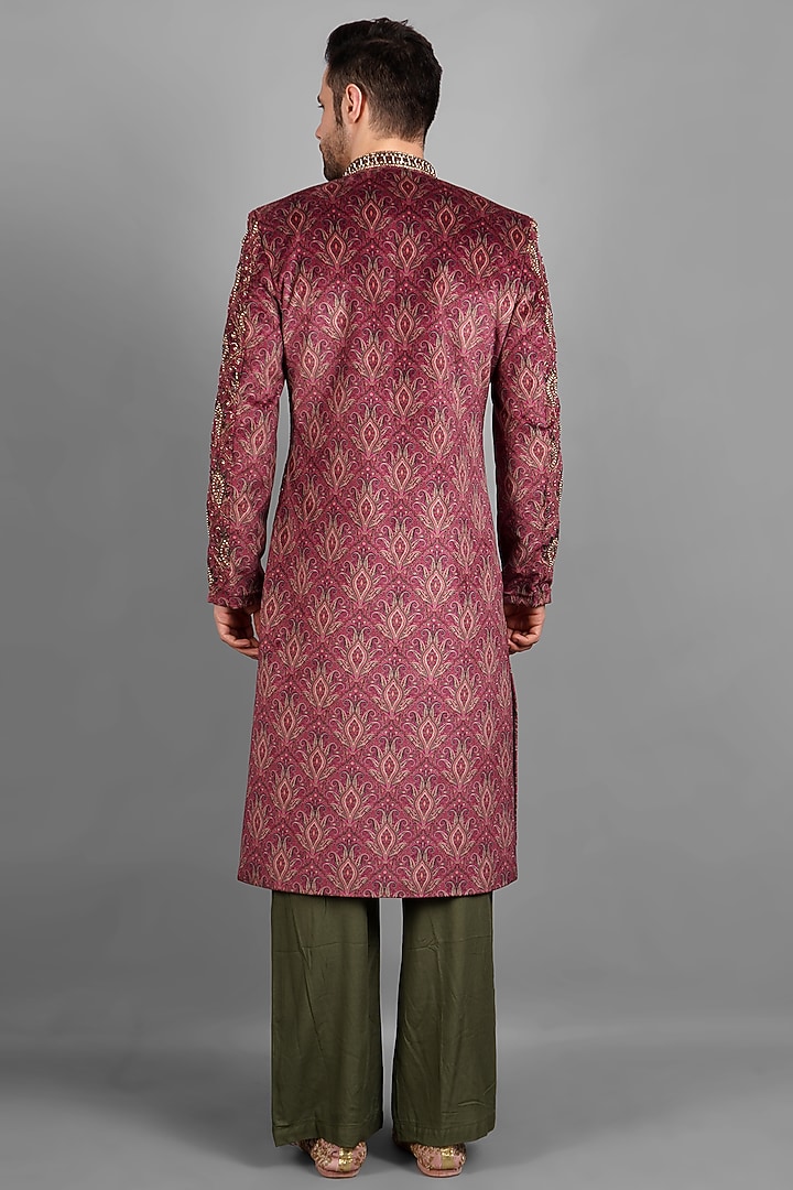 Maroon Velvet Embroidered Groom Sherwani Set by Soniya G Men at Pernia's Pop Up Shop