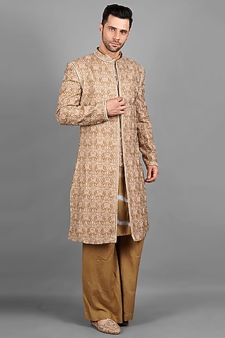 Rust Handloom Silk Boota Embroidered Sherwani Set by Soniya G Men