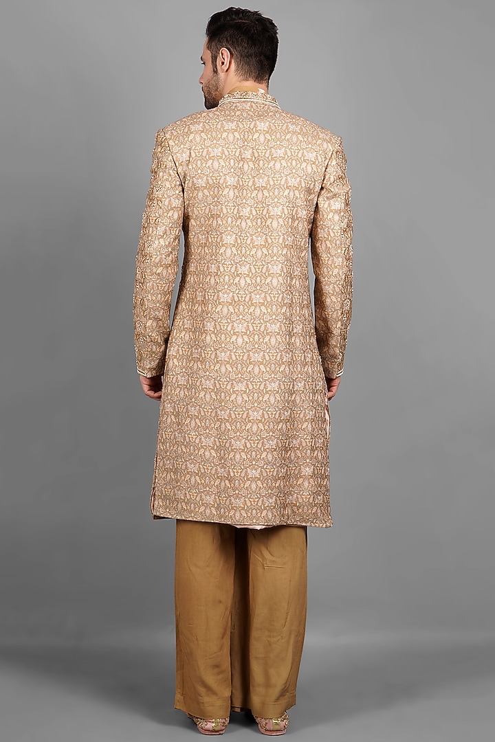 Rust Handloom Silk Boota Embroidered Groom Sherwani Set by Soniya G Men at Pernia's Pop Up Shop