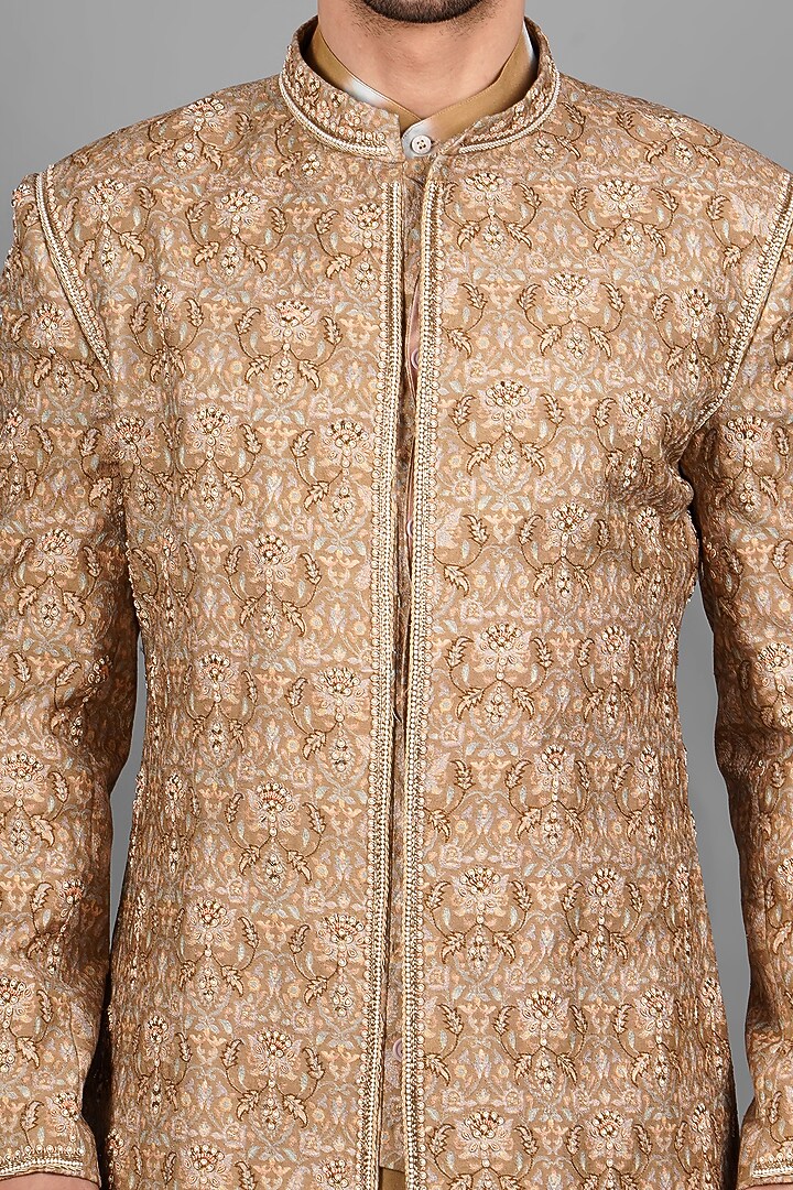 Rust Handloom Silk Boota Embroidered Groom Sherwani Set by Soniya G Men at Pernia's Pop Up Shop