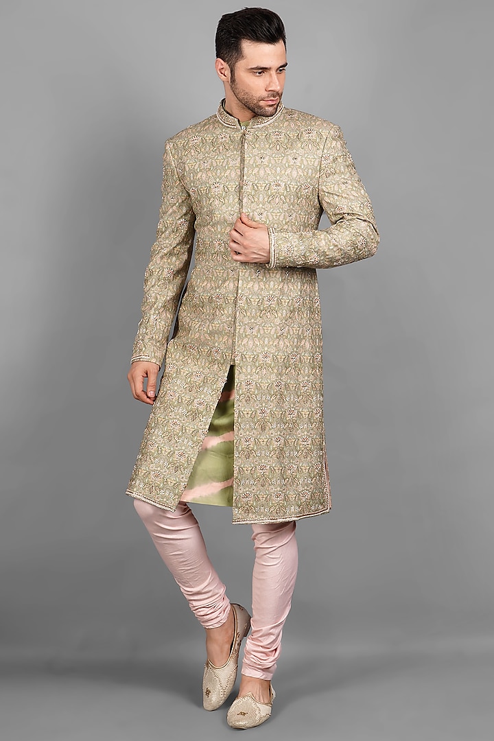 Mint Green Embroidered Sherwani Set by Soniya G Men