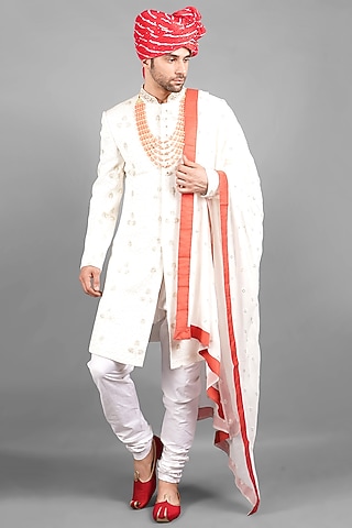 Ivory Georgette Embroidered Sherwani Set by Soniya G Men