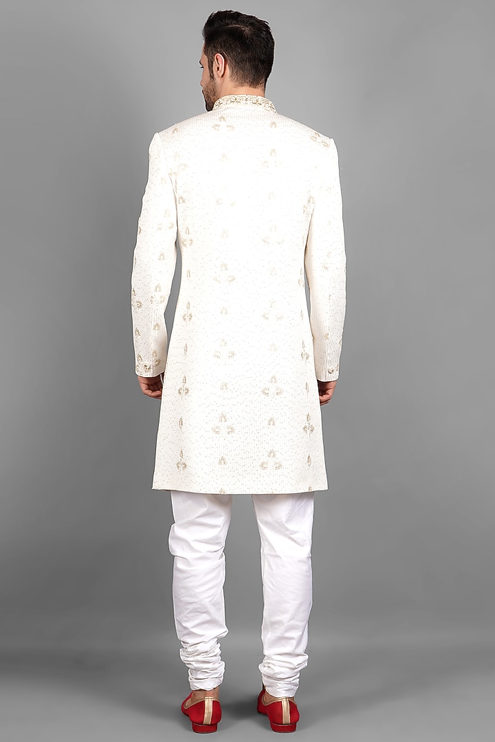 Ivory Georgette Embroidered Groom Sherwani Set by Soniya G Men at Pernia's Pop Up Shop
