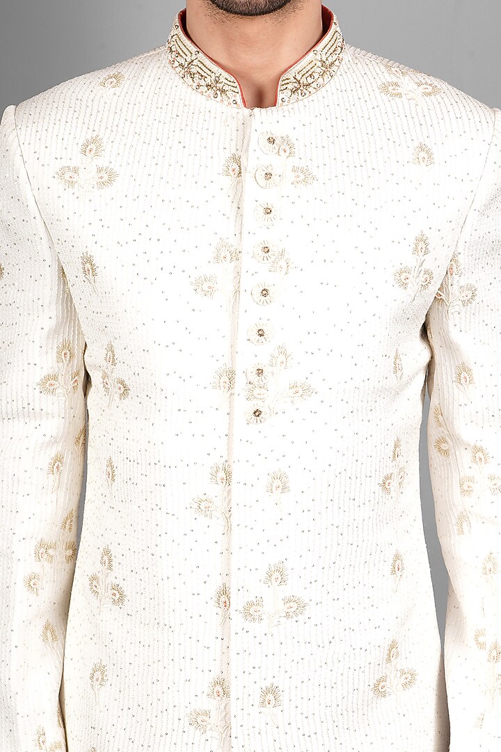 Ivory Georgette Embroidered Groom Sherwani Set by Soniya G Men at Pernia's Pop Up Shop
