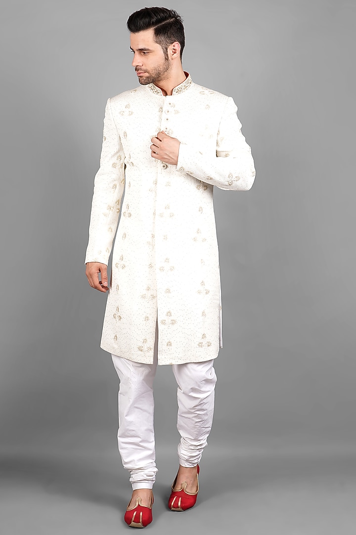 Ivory Georgette Embroidered Groom Sherwani Set by Soniya G Men at Pernia's Pop Up Shop