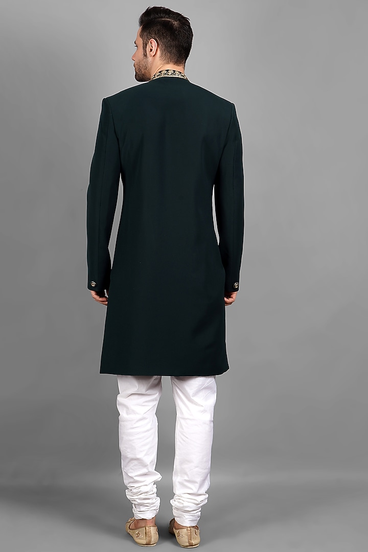 Bottle Green Knitted Wedding Indowestern Coat Set by Soniya G Men at Pernia's Pop Up Shop