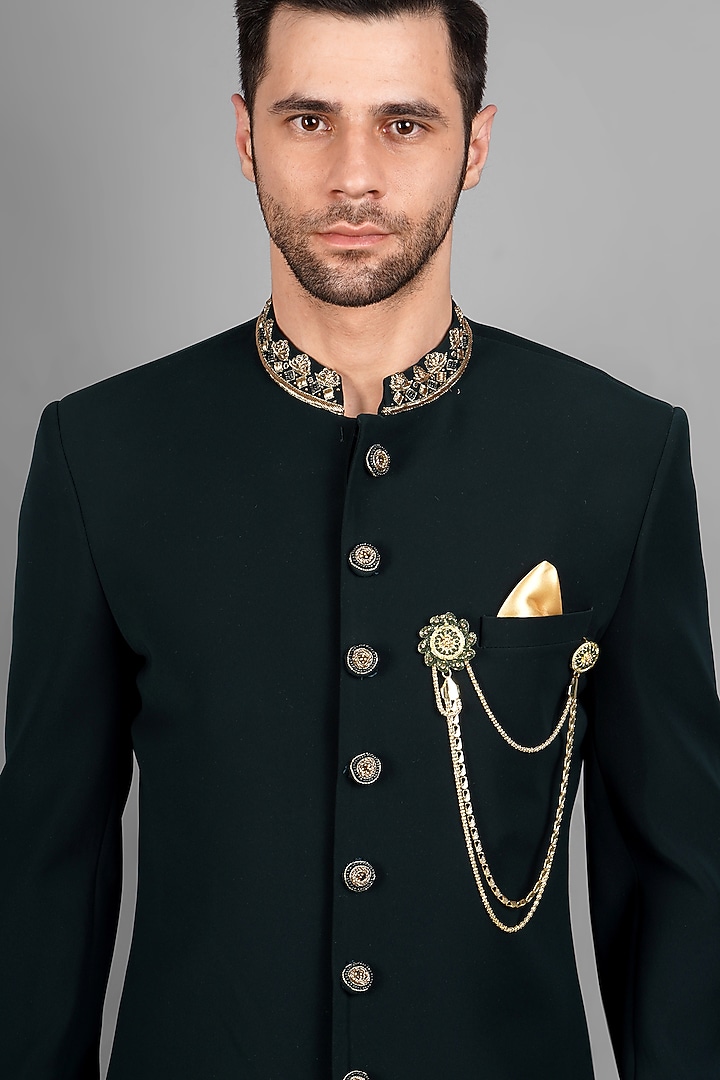 Bottle Green Knitted Wedding Indowestern Coat Set by Soniya G Men at Pernia's Pop Up Shop