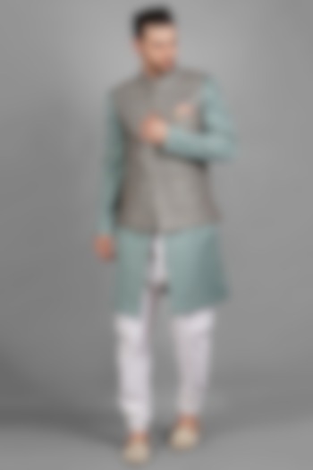 Pistachio Green Silk Bundi Jacket With Kurta Set by Soniya G Men