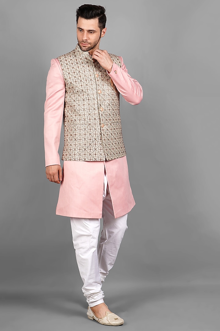 Beige Silk Bundi Jacket With Kurta Set by Soniya G Men