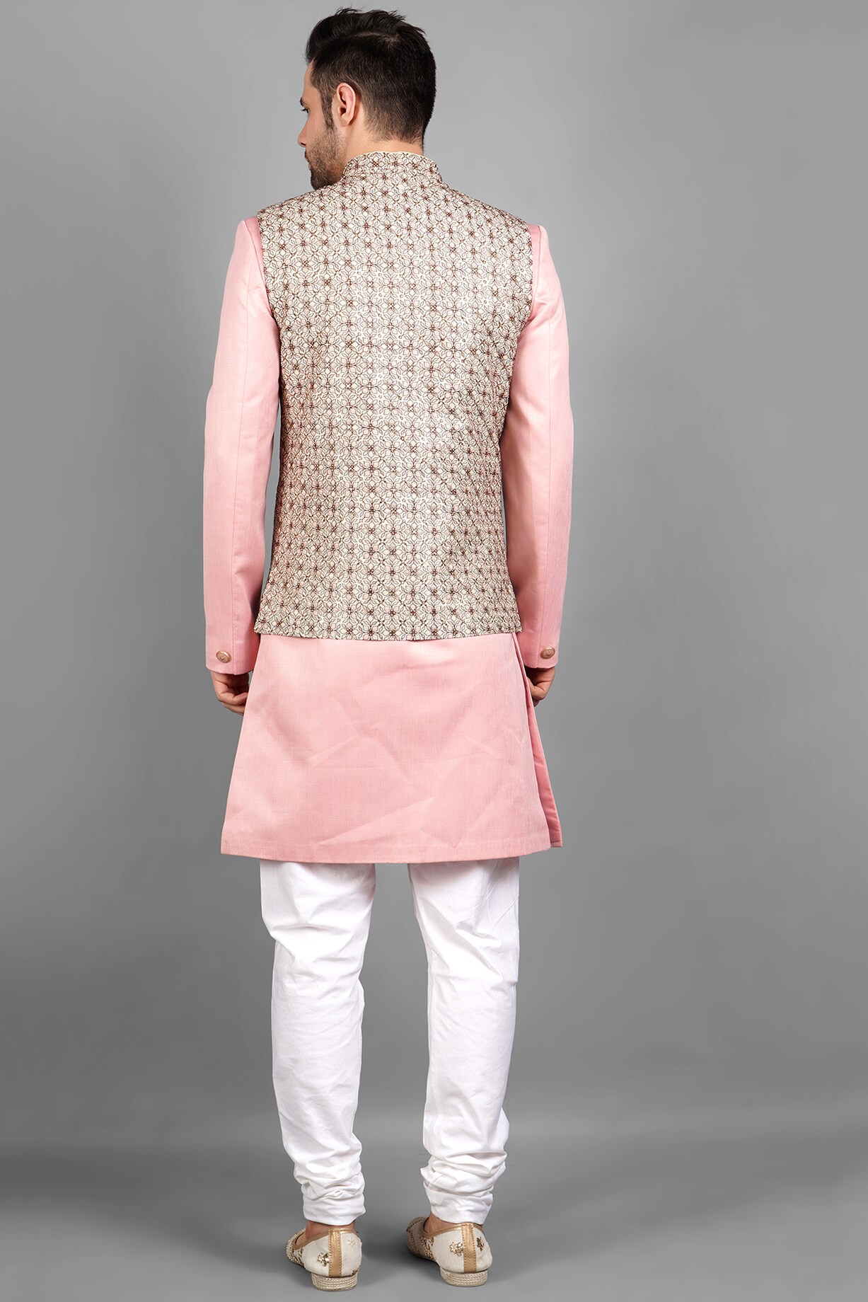 Beige Silk Bundi Jacket With Kurta Set by Soniya G Men