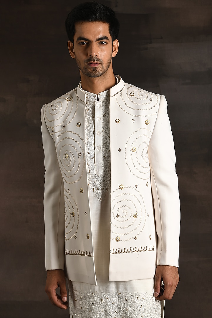 White Italian Crepe Metal Embroidered Indo-Western Set by Soniya G Men at Pernia's Pop Up Shop