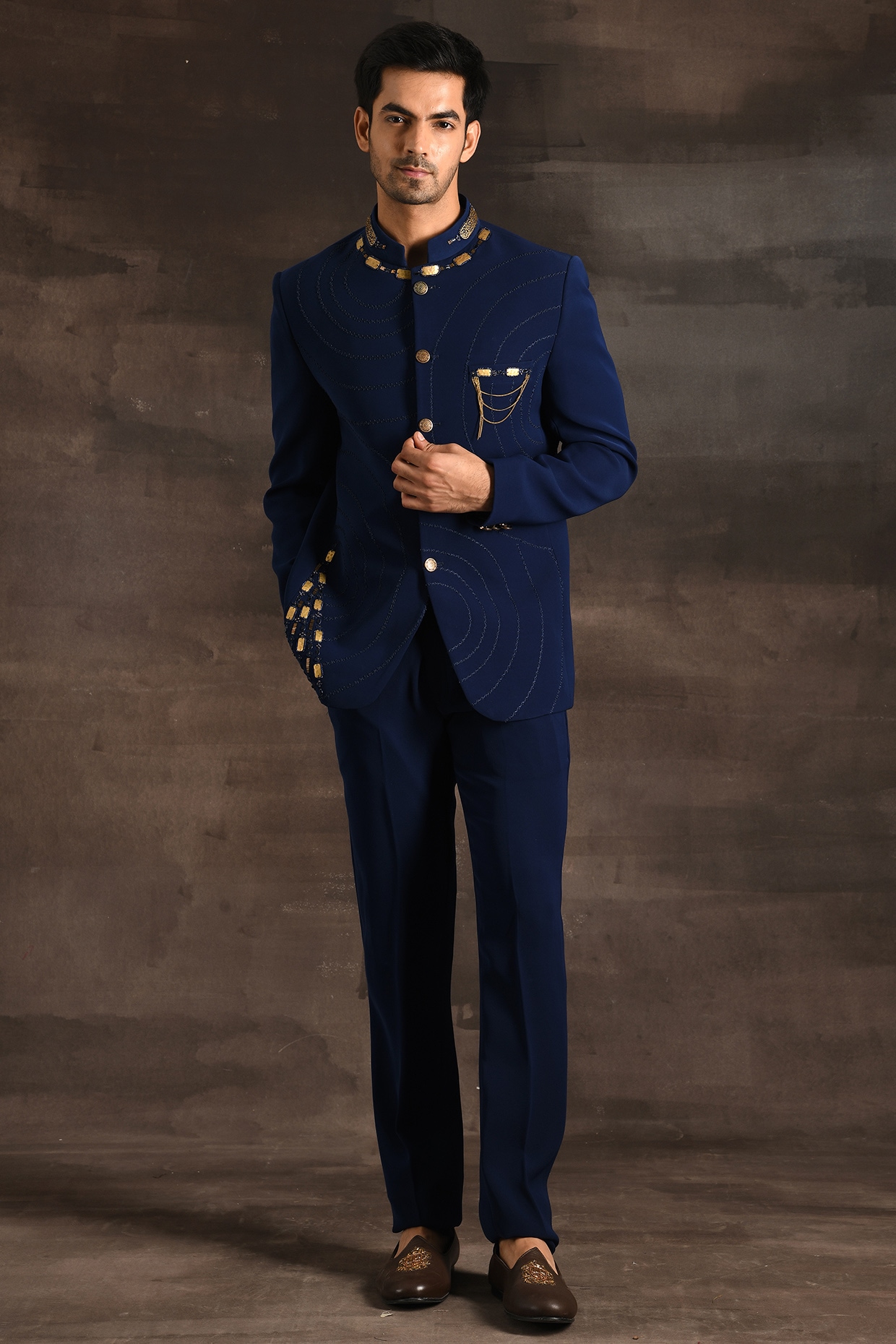 Woven Terry Rayon Jacquard Layered Jodhpuri Suit in Navy Blue : MHG2898