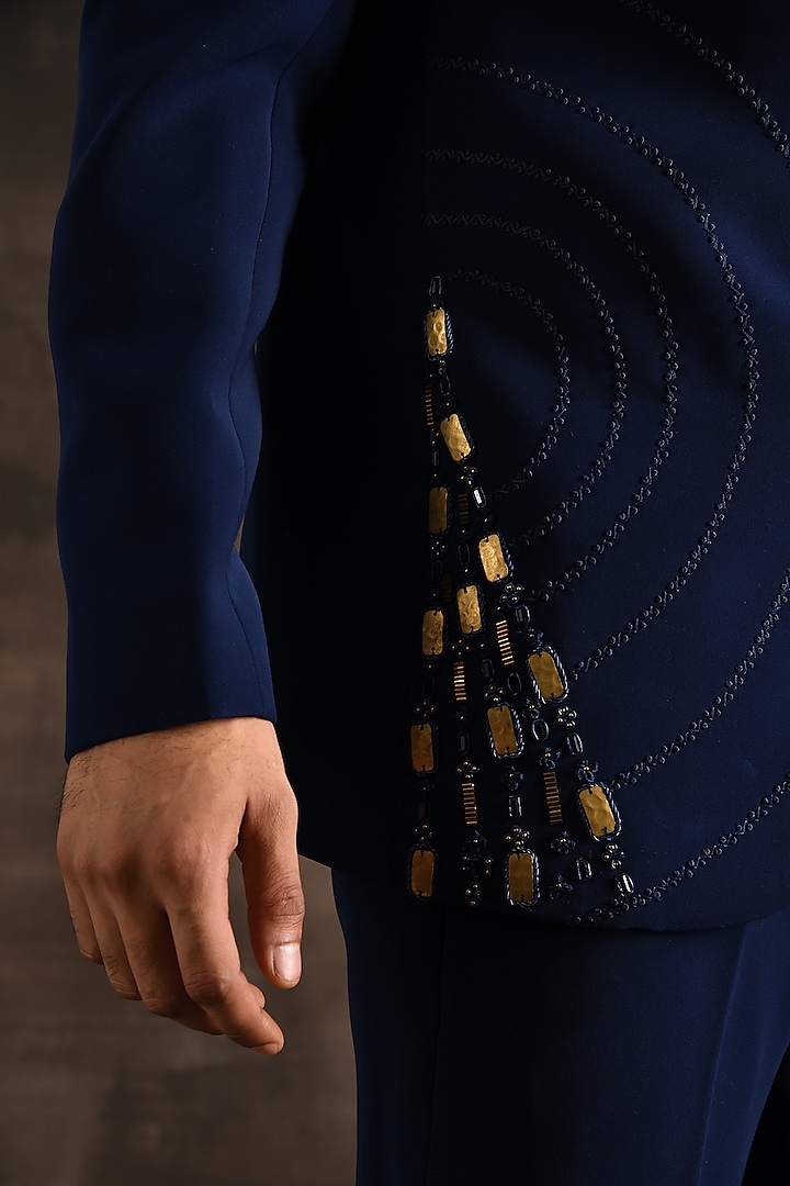 Royal Blue Italian Crepe Metal Embroidered Wedding Bandhgala Set by Soniya G Men at Pernia's Pop Up Shop