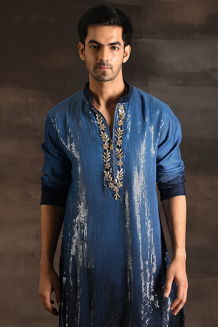 Blue Ombre Sequins Kurta Set by Soniya G Men at Pernia's Pop Up Shop