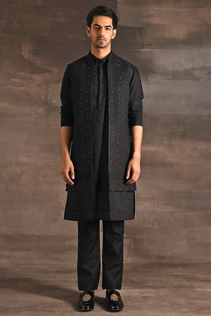 Black Handloom Silk Indo-Western Set by Soniya G Men