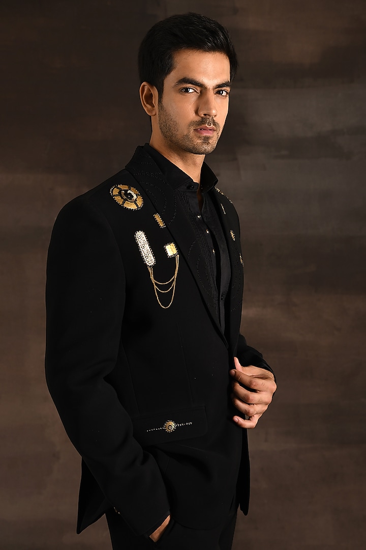 Black Sheen Silk Tuxedo Set by Soniya G Men at Pernia's Pop Up Shop