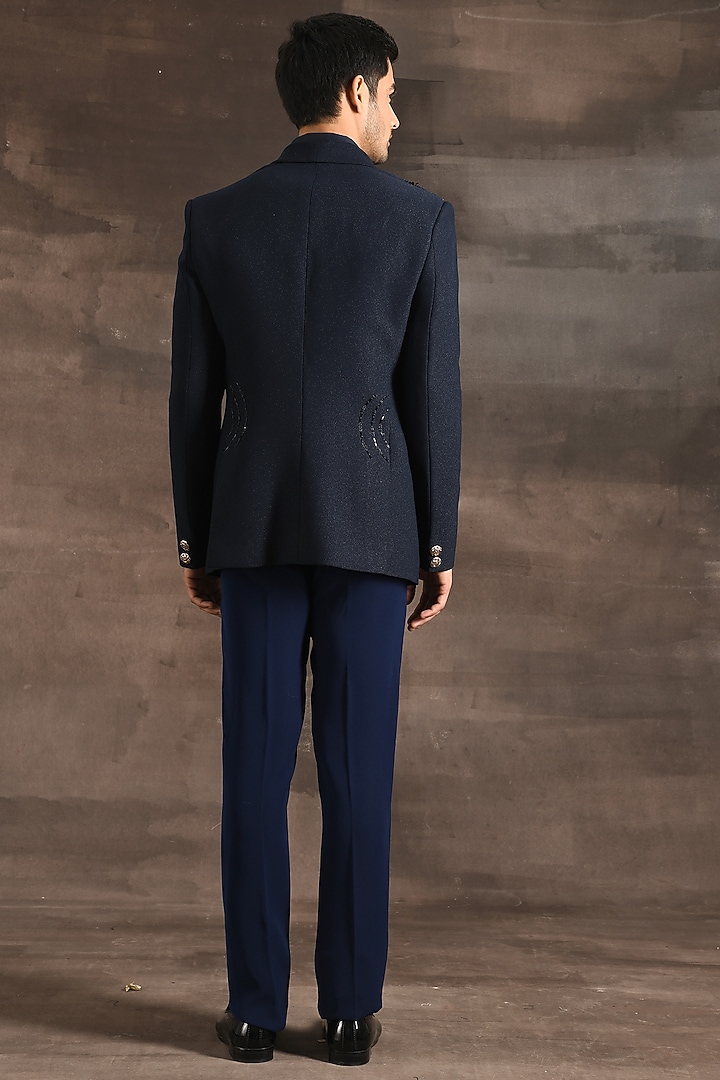 Navy Blue Sheen Silk Embroidered Tuxedo Set by Soniya G Men at Pernia's Pop Up Shop