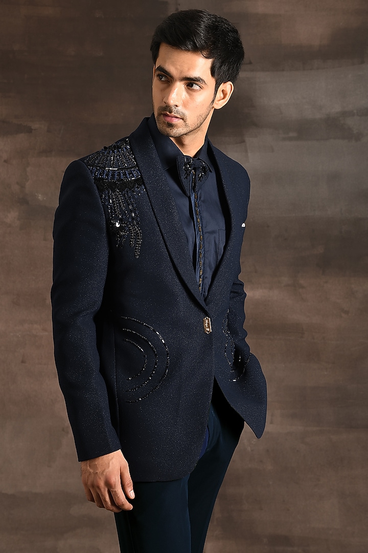 Navy Blue Sheen Silk Embroidered Tuxedo Set by Soniya G Men at Pernia's Pop Up Shop