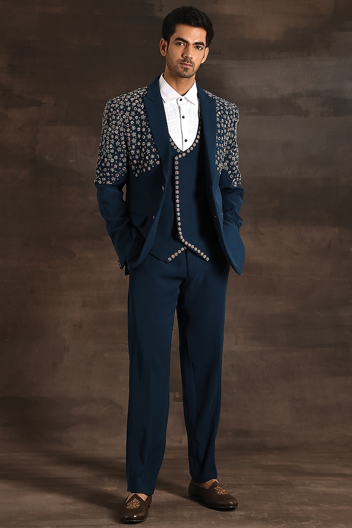 Turquoise Blue Italian Crepe Zari Embroidered Tuxedo Set by Soniya G Men at Pernia's Pop Up Shop