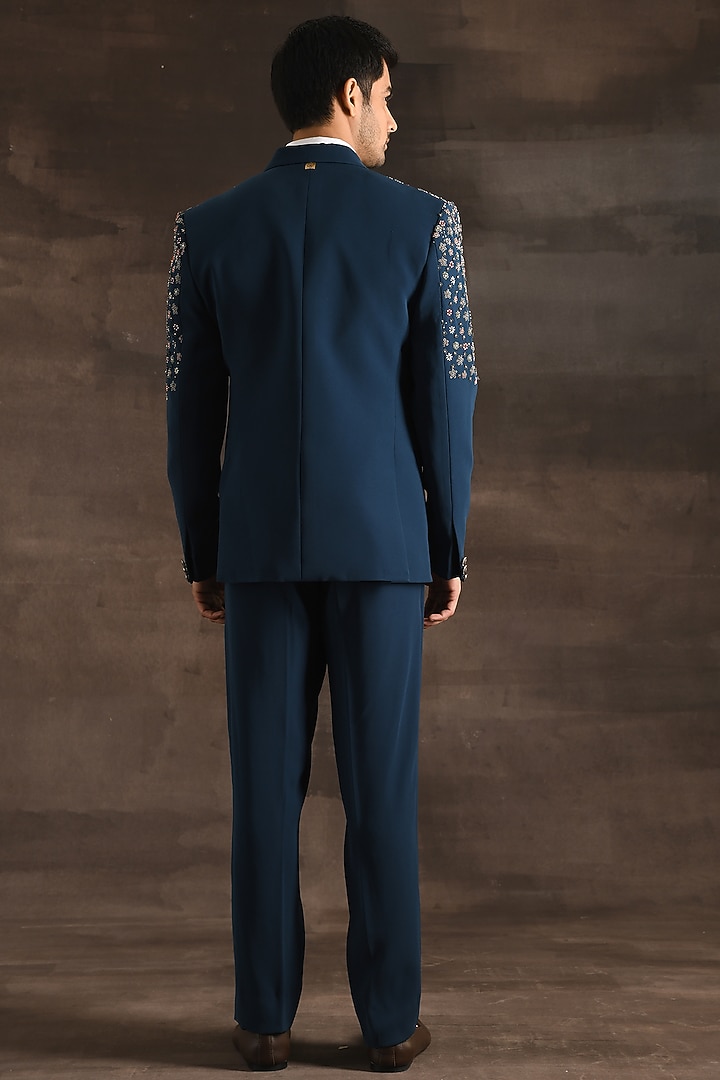 Turquoise Blue Italian Crepe Zari Embroidered Tuxedo Set by Soniya G Men at Pernia's Pop Up Shop