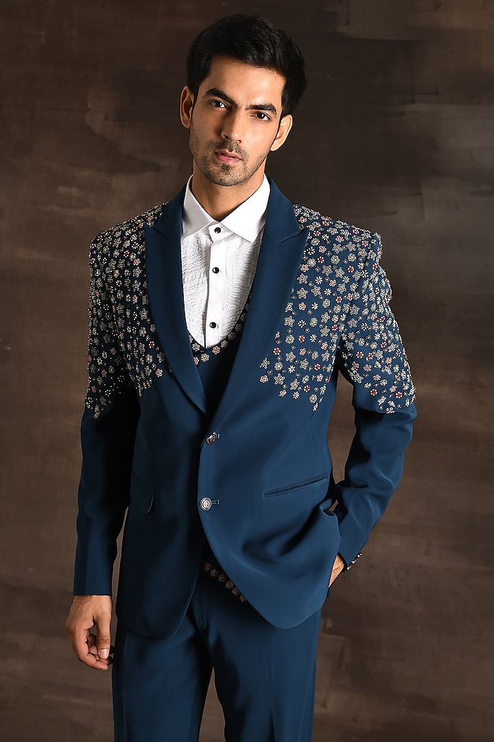 Turquoise Blue Italian Crepe Zari Embroidered Tuxedo Set by Soniya G Men at Pernia's Pop Up Shop
