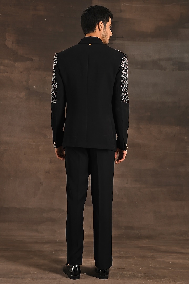 Black Italian Crepe Zari Embroidered Tuxedo Set by Soniya G Men at Pernia's Pop Up Shop