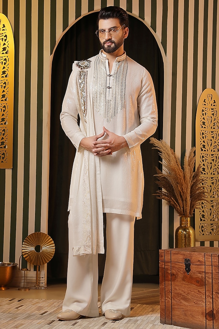 Off-White Sequin Georgette Embellished Kurta Set For Boys by Soniya G KIDS at Pernia's Pop Up Shop