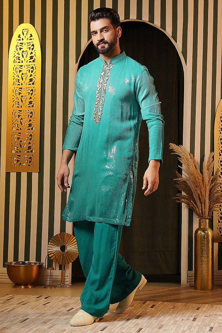 Turquoise Georgette Hand Embroidered Kurta Set For Boys by Soniya G KIDS at Pernia's Pop Up Shop