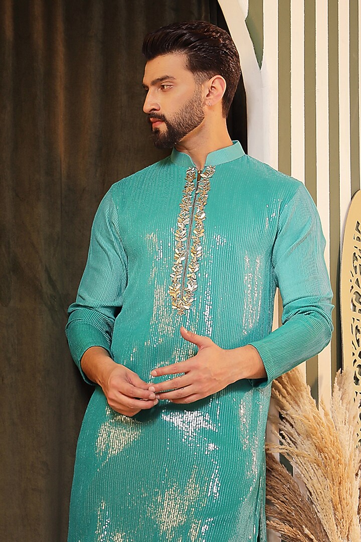 Turquoise Georgette Hand Embroidered Kurta Set For Boys by Soniya G KIDS at Pernia's Pop Up Shop