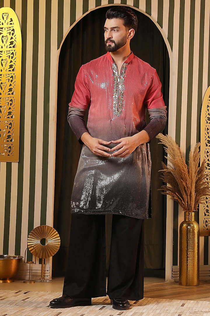 Crimson-Charcoal Georgette Embellished Kurta Set For Boys by Soniya G KIDS at Pernia's Pop Up Shop