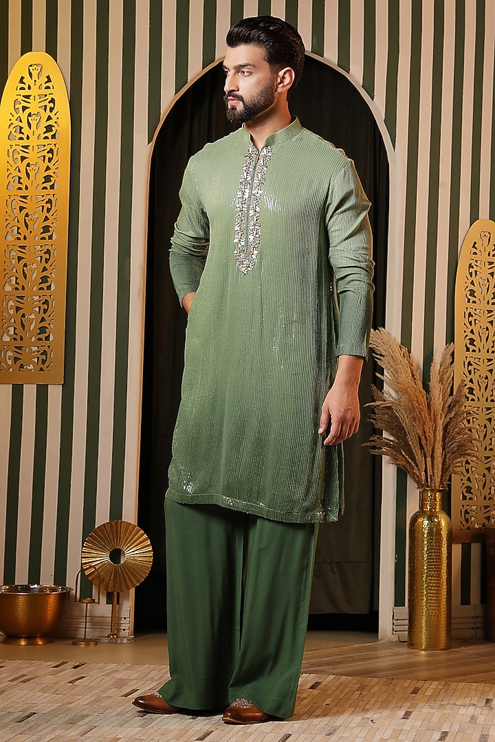Green Georgette Embroidered Kurta Set For Boys by Soniya G KIDS at Pernia's Pop Up Shop