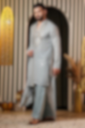 Ice Blue Sequins Georgette Mirror Work Kurta Set For Boys by Soniya G KIDS at Pernia's Pop Up Shop